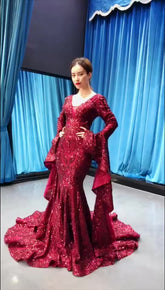 Red V Neck Sexy Long Sweep Train Elegant Evening Dress - FashionByTeresa